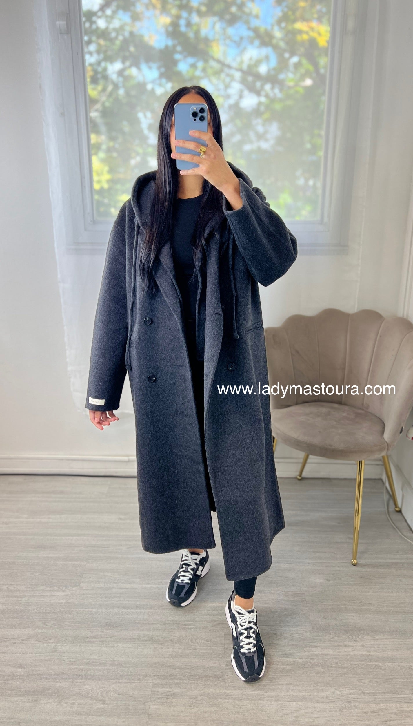 Manteau Laine avec capuche amovible- fait main - Gris