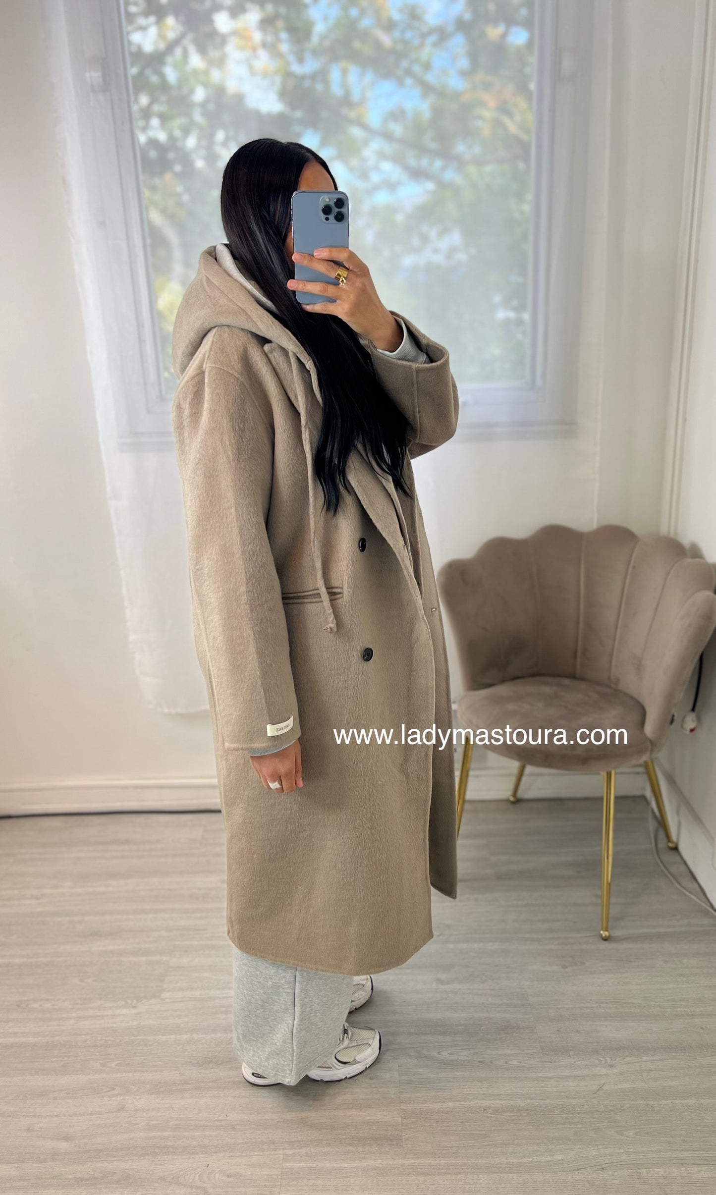 Manteau Laine avec capuche amovible- fait main - Taupe