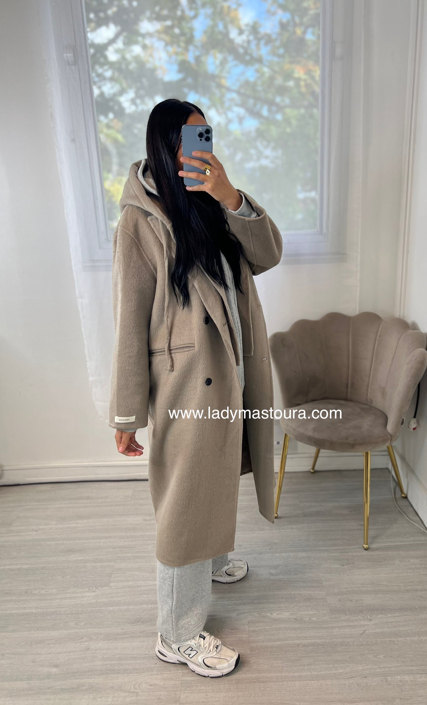 Manteau Laine avec capuche amovible- fait main - Taupe