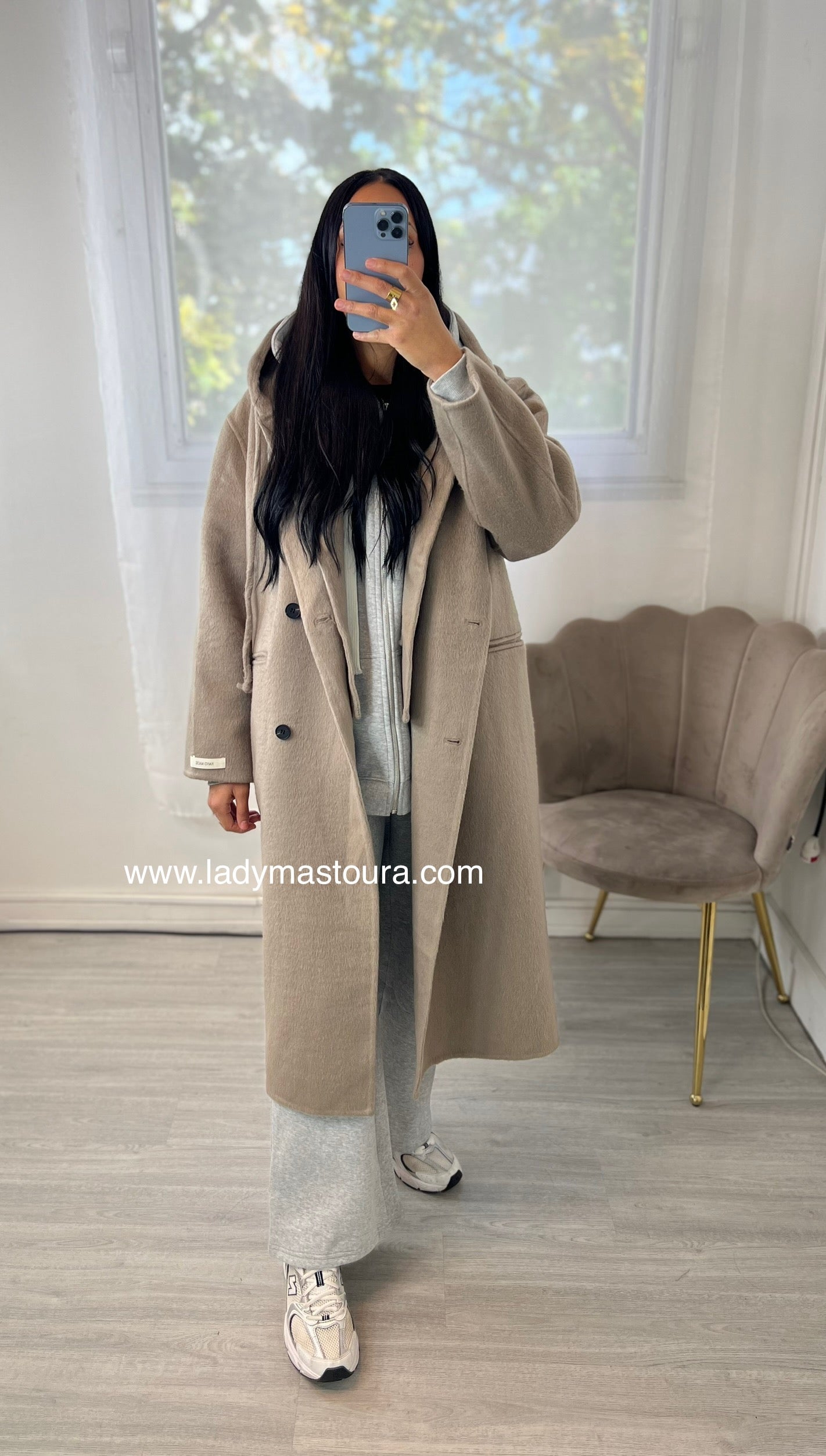 Manteau Laine avec capuche amovible- fait main - Taupe