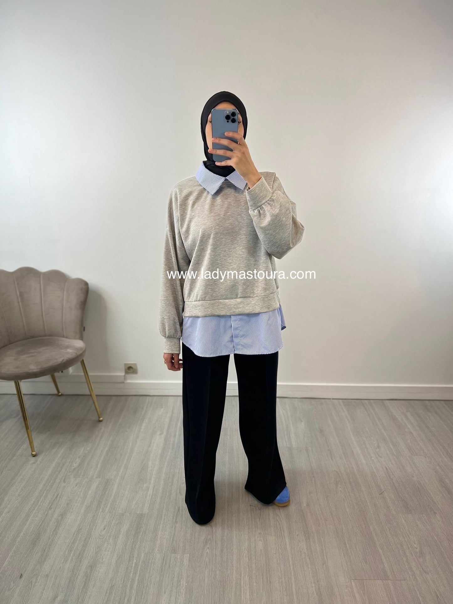 Pull Chemise Rayée - Gris
