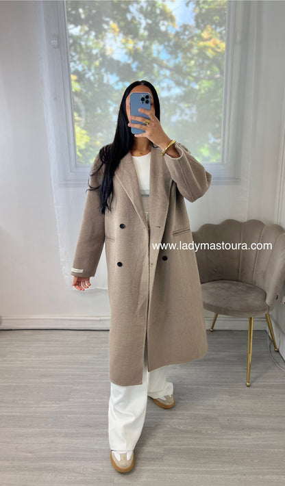 Manteau Laine avec capuche amovible- fait main - Taupe
