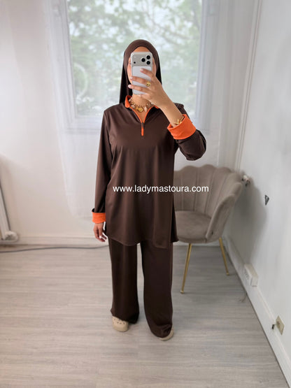 Burkini Zip Bicolore - Chocolat et Orange