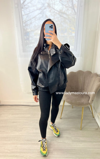 Veste effet cuir grainé - Noire