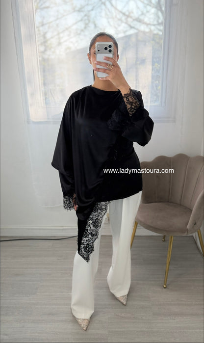 Blouse satinée dentelle - Noire