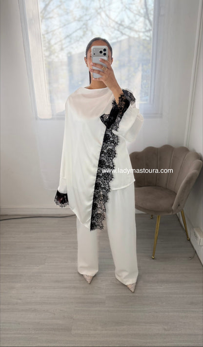 Blouse satinée dentelle - Blanche