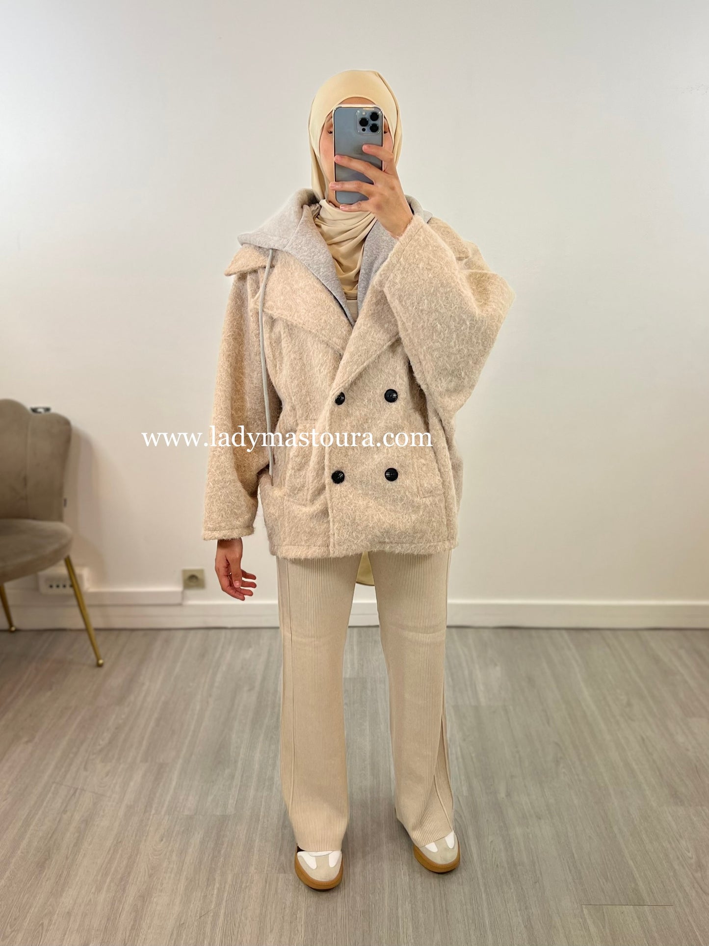 Manteau à capuche court - Beige