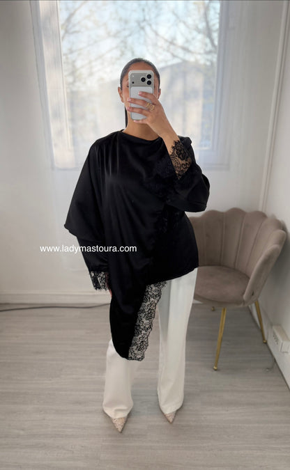Blouse satinée dentelle - Noire