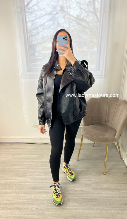 Veste effet cuir grainé - Noire