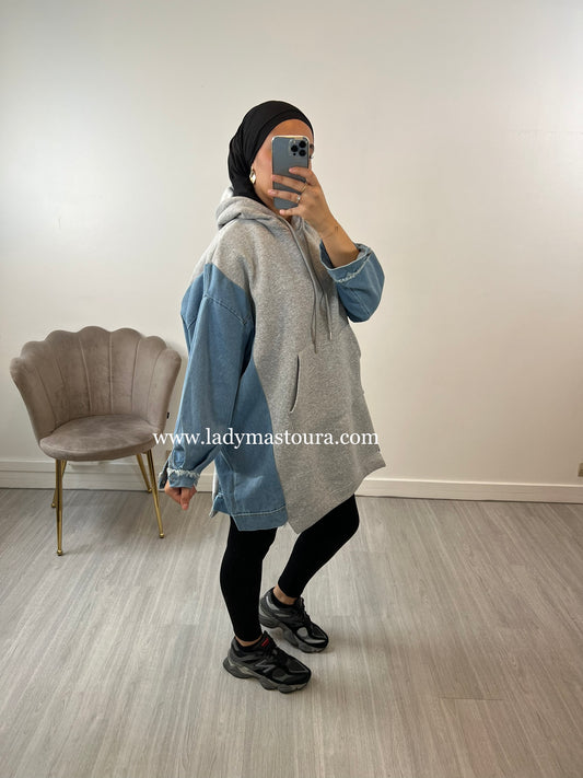 Pull Sweat Oversize Bi-Matière (Gris)