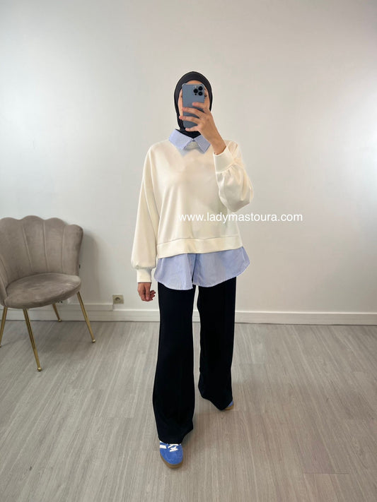 Pull Chemise Rayée -Blanc