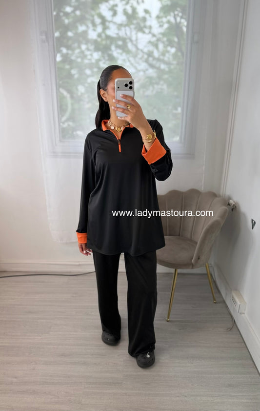 Burkini Zip Bicolore - Noir et Orange