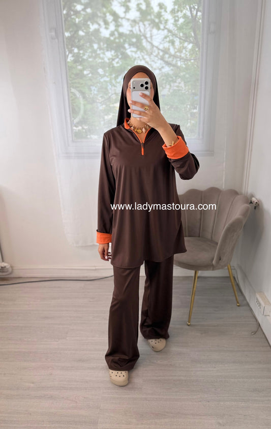 Burkini Zip Bicolore - Chocolat et Orange